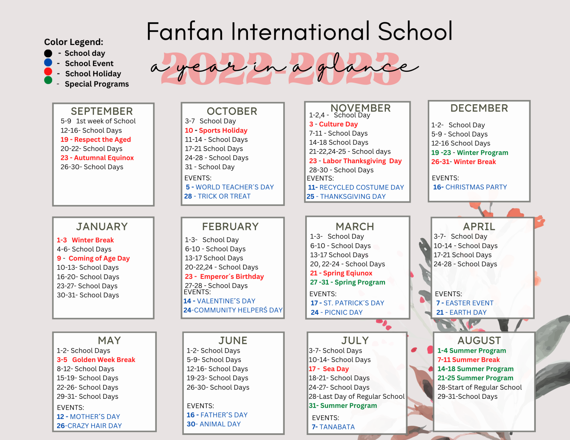 School Calendar / 年間スケジュール Fanfan English School